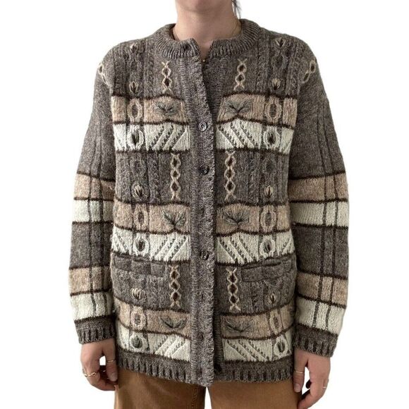 Vintage Oster Austrian Wool Mohair Brown Floral Embroidered Cardigan Sweater - Picture 4 of 9